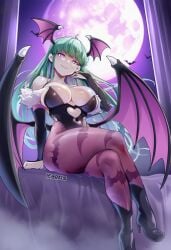 1girls ai_assisted ai_generated bat_wings bat_wings_on_head darkstalkers demon_girl green_hair kaelishorns large_breasts large_thighs long_hair moon morrigan_aensland purple_eyes sitting succubus