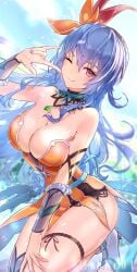 1girls big_breasts blue_hair breasts breasts_out female large_breasts long_hair looking_at_viewer one_eye_closed red_eyes ribbon rocbouquet romancing_saga_2 saga_(series) smile