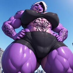 abs ai_generated close-up crocodilian female giantess hands_on_hips humanoid looking_down_at_viewer macro_female muscular nipples_visible_through_clothing nose_ring oc perchance_ai scalie shorts side_hair sweaty_body tank_top tattooed_female towering_over_viewer two-tone_body two_tone_skin
