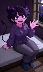 1girls 5_fingers ai_generated bedroom_background better_version_at_source blue_socks demon_girl demon_horns demon_tail detailed_shading grey_pants jellybean_(mcyt) jellybean_(youtube) looking_at_viewer looking_up moonlight night_sky open_mouth pngtuber purple_eyeliner purple_eyes purple_hair purple_hoodie purple_nails purple_skin sitting_on_bed smiling smiling_at_viewer waving_at_viewer window youtuber