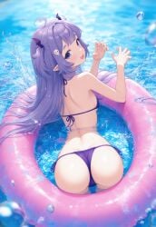 ai_generated inflatable_ring long_hair mokimioki pool skinny small_breasts spray violet_bikini violet_eyes violet_hair vtuber