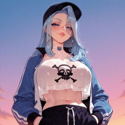 1girl 1girls abs ai_generated amalee balecxi baseball_cap black_headwear black_pants blue_eyes blue_hair blue_jacket breasts choker clothing crop_top crop_top_overhang curvaceous curvaceous_female curvaceous_figure curvy curvy_figure earrings evening female female_focus from_below gradient_sky half-closed_eyes hands_in_pockets hat hoop_earrings inviting inviting_to_sex jacket jewelry large_breasts lips long_hair looking_at_viewer midriff monarch_(amalee) navel open_clothes open_jacket outdoors pants presenting presenting_breasts presenting_self seductive seductive_look seductive_smile shirt skull_print sky smile solo sunset track_pants voluptuous voluptuous_female white_choker white_shirt