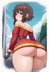 1girls ai_generated back bandaged_thigh blush brown_hair flashing huge_ass kono_subarashii_sekai_ni_shukufuku_wo! looking_at_viewer looking_back medium_breasts megumin no_panties open_mouth pussy red_dress red_eyes short_hair solo teasing_viewer thick_thighs viitriol