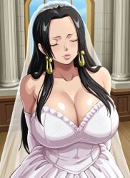 1girls ai_generated big_breasts black_hair boa_hancock curvy curvy_body curvy_female curvy_figure earrings gloves huge_breasts kyoru189 large_breasts light-skinned_female light_skin long_hair mature_female one_piece seductive seductive_pose shiny shiny_skin solo solo_female standing wedding_dress