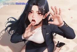 1girl ai_assisted ai_generated awaiting_cum beach black_choker black_hair black_jacket black_skirt covered_navel cum_in_hair cum_on_face cum_on_hands fellatio_gesture full_body kneeling long_hair long_sleeves mole_under_eye naked open_mouth oral_invitation pencil_skirt red_eyes solo source_anime tongue_out view_from_above white_shirt