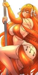 1girls armpits bbambi curvy dancer dancer_outfit emotionless freckles ginger harem_outfit ishmael_(limbus_company) ishmael_(project_moon) jewelry large_breasts large_thighs limbus_company long_hair midriff opera_gloves orange_hair pinup pole revealing_clothes solo solo_female solo_focus tagme veil