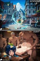 ahe_gao ai_generated anal big_ass blue_eyes braid comic cum cum_drip cum_in_ass cum_inside cum_on_face cum_on_ground dark-skinned_male dark_blue_hair doggy_style english_text femboy gay genshin_impact golden_jay manga muscular_male pale-skinned_male parody short_hair text trap venti_(genshin_impact) white_hair