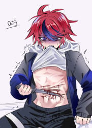 1boy absurdres black_pants blood blue_eyes blue_streaks blush felichiii gore grey_hoodie guro hair_between_eyes highres holding holding_knife hood hoodie knife long_sleeves looking_down male_focus medium_hair mouth_hold multicolored_hair muscular muscular_male pain pants pulling_own_clothes red_hair self-harm simple_background streaked_hair suffering sumino_takumi sweat teeth the_hundred_line_-last_defense_academy- white_hoodie