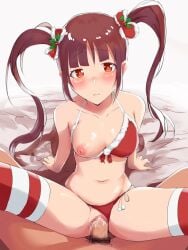 bed bikini breasts brown_hair censored christmas clothing_aside female hair_ornament highres holly_hair_ornament idolmaster idolmaster_million_live! long_twintails matsuda_arisa mugai nipples one_breast_out sex swimsuit thighhighs twintails