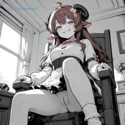 1girl ahoge ai_assisted ai_generated beautiful brown_hair burnt_clothes day dress general grayscale grin hair_flower high_contrast highres indoors looking_at_viewer no_nose perfect_anatomy pink_eyes pussy sharp_teeth sheep_ears sheep_horns sitting_on_chair slit_pupils smug socks upskirt_view