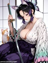 1girl ai_generated animal animal_ear_fluff animal_ears arlequin097 black_hair breasts butterfly butterfly_hair_ornament butterfly_print cat cat_ears cleavage closed_eyes closed_mouth collarbone demon_slayer eyelashes eyeshadow fingernails forehead gradient_hair hair_ornament hakama hakama_pants hakama_skirt haori holding holding_sword holding_weapon indoors japanese_clothes katana kimono kochou_shinobu large_breasts lips long_sleeves makeup multicolored_hair parted_bangs purple_hair purple_hakama short_hair shouji sidelocks sitting skirt sliding_doors solo sword weapon white_kimono wide_sleeves