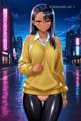 1girl ai_assisted ai_generated armor bare_shoulders black_bodysuit black_hair brown_eyes city cityscape clouds collared_shirt cowboy_shot crotchless curvy dark_skinned_female dark_theme detailed_pussy dynamic_lighting earclip elbow_gloves fishnets gloves hair_ornament hairclip hayase_nagatoro high_contrast kagami_hirotaka koukawa_oboro long_hair long_sleeves looking_at_viewer neon_lights night night_sky outdoors school_uniform shirt soft_shading sweater taimanin_asagi_zero taimanin_suit tan thigh_gap visible_pussy white_shirt yellow_sweater