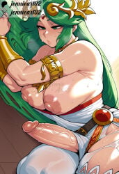 1girl ai_generated armlet artist_name bare_shoulders belt blush bracer breasts breasts_out circlet clothing dress english_text erection female forehead_jewel futanari green_eyes green_hair hair_spread_out huge_breasts huge_nipples huge_penis intersex jennieart02 jewelry kid_icarus large_areolae large_breasts large_penis laurel_crown long_hair lying neck_ring nintendo nipples on_side palutena patreon patreon_logo patreon_username penis precum puffy_nipples single_thighhigh solo strapless strapless_dress sweat testicles thick_thighs thighhighs thighs tiara torn_clothes twitter twitter_username veins veiny_penis very_long_hair watermark white_dress white_thighhighs