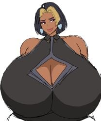 1girls 2d 2d_(artwork) alternate_breast_size big_breasts black_hair black_hair_female blizzard_entertainment breasts breasts_bigger_than_head brown_body brown_skin domina_(overwatch) enormous_breasts female female_only indian indian_female kissable_lips large_breasts momiji_(artist) overwatch short_hair short_hair_female smile smiling smiling_at_viewer solo solo_female solo_focus white_background