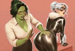 2girls ai_generated ass ass_focus big_ass big_breasts big_thighs bisexual bisexual_female black_cat_(marvel) breasts curvaceous curvy curvy_figure digital_media_(artwork) felicia_hardy female female_only giantess green-skinned_female green_body green_hair green_skin hips hourglass_figure huge_ass huge_breasts huge_thighs hulk_(series) jennifer_walters large_ass large_breasts large_female large_thighs legs light-skinned_female light_skin macro macro_female marvel marvel_comics mature mature_female mini_giantess phophopho she-hulk slim_waist spider-man_(series) tall tall_female thick thick_hips thick_legs thick_thighs thighs voluptuous waist white_hair wide_hips wide_thighs yuri