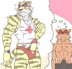 2boys anthro canine erection erection_under_clothes feline fur furry gay lifeguard male male_only muscles penis red_speedo ryuta-h speedo swimwear tiger wolf yaoi