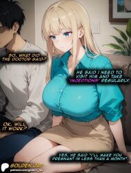 ai_generated big_breasts blonde_hair blue_eyes cheating comic cuckold english_text golden_jay long_hair manga netorare ntr pale-skinned_female skirt straight_hair text thick wife