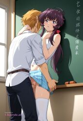 1girl against_wall ahoge ai_assisted ai_generated blonde_hair blue_eyes chalkboard checkered_skirt doggy_style doggy_style_sex dripping_pussy facing_forward forced from_behind hand_on_back hand_on_neck head_turned long_hair looking_away orange_hair ponytail purple_eyes purple_hair red_eyes short_hair