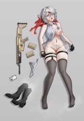 1girl assault_rifle blood blue_eyes boots breast_tattoo breasts death empty_eyes fn_scar gloves gore gun gunshot gunshot_wound guro headshot id_card lactation large_breasts milk nipple_piercing nude panties peeing piercing rifle short_hair tattoo underwear weapon white_hair white_panties