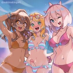 3girls beach bikini bikini_bottom bikini_top blonde_hair bridget bridget_(guilty_gear) brown_hair dickslip elphelt_valentine green_eyes guilty_gear guilty_gear_strive light-skinned_female may_(guilty_gear) penis penis_out pink_hair swimsuit trans_woman transfem transgender transgender_pride_colors