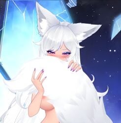 big_breasts blush german_vtuber hiding_breasts hiding_face horny_female implied_nudity indie_virtual_youtuber lewdtuber long_hair nipple_peek virtual_youtuber vtuber white_hair wolf_ears wolf_girl wolf_tail