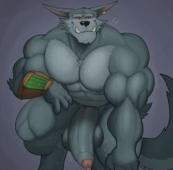 anthro balls bara barazoku big_balls big_penis canine flaccid fleshformomo furry league_of_legends male male_only muscles muscular nude penis solo solo_male sweat sweating warwick werewolf wolf