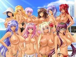 6+girls beach bikini black_hair blonde_hair blue_hair breasts brown_hair dark_skin flower game_cg glasses group hat headband huge_breasts jewelry large_breasts long_hair multiple_girls nail_polish navel necklace nipples ole-m pink_hair purple_hair red_hair senpai_oppai_kako_ni_modori_pai_ano_hi_ano_toki_sex_shiteokeba_yokatta short_hair swimsuit take_your_pick tan tanned topless water