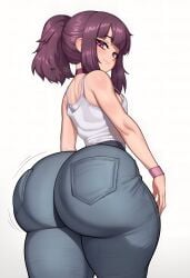 ai_generated ass_focus blush bouncing_ass fallen_shadow huge_ass indie_virtual_youtuber jeans ponytail purple_eyes purple_hair shondo_(fallen_shadow) short_hair small_breasts smile tank_top thick_thighs viitriol wobbling_ass