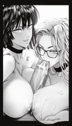 1boy 2girls black_and_white choker cum cum_on_breasts double_paizuri female_focus female_only fubuki_(one-punch_man) glasses grabbing_own_breast holding_breast holding_own_breast large_penis long_hair looking_at_viewer monochrome mostlybluewyatt no_text_version one-punch_man paizuri pov psykos seductive_look short_hair shueisha smiling_at_viewer sucking_penis topless unseen_male_face