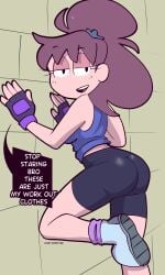 ass_focus leaning_against_wall lewd_inspector lily_(day_job) spats workout_clothes