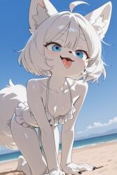 ai_generated bikini blue_eyes breasts female fluffy_tail frilled_bikini furry luna_winters underboob white_hair wolf wolf_girl wolf_tail