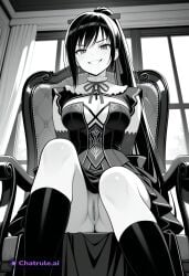 1girl ai_assisted ai_generated anime_style beautiful day dress general grayscale grin high_contrast highres indoors looking_at_viewer no_nose perfect_anatomy pussy sharp_teeth sitting_on_chair slit_pupils smug socks upskirt_view