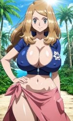 ai_generated big_sister breasts cleavage cosplay crop_top crossover female female_only grey_eyes honey_blonde_hair huge_breasts midriff navel nico_robin nico_robin_(cosplay) nintendo no_bra no_panties no_underwear one_piece onee-chan pixai pokemon pokemon_xy sarong serena_(pokemon) serena_(pokemon_games) silf solo tagme