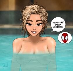 bath bathhouse bathing black_widow_(marvel) boobs clothed_male_nude_female dominant_female dripping florence_pugh horny_female hot_spring marvel mask naked_female nipples nude_female obscured_nipples peter_parker soaked spider-man spider-man:_brand_new_day spider-man_(series) spider-man_(tom_holland) submerged underwater unseen_male_face water wet_body wet_skin yelena_belova