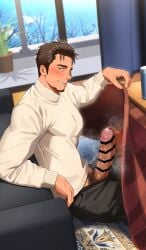 1boy bara beard_stubble big_glans big_penis blush brown_hair censor_bar censored censored_penis circumcised daddy dark_penis dilf erection foreskin_folds fully_clothed gay grin half-closed_eyes hi_res huge_cock indoors inviting izukonohito kotatsu living_room long_penis looking_at_viewer male male_only mature_male musk musk_clouds original original_character pants_down penis penis_bigger_than_head pointless_censoring pubic_hair red_glans retracted_foreskin seductive short_hair side_view sitting solo steam steamy_penis sweater thick_penis veiny_penis winter yaoi