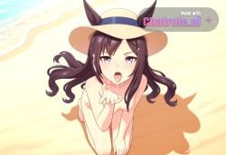1girl ai_assisted ai_generated awaiting_cum beach cum_in_hair cum_on_face cum_on_hands detailed_skin ears_through_headwear fellatio_gesture floating_hair full_body horse_ears kneeling naked official_alternate_hairstyle official_art open_mouth oral_invitation tongue_out view_from_above
