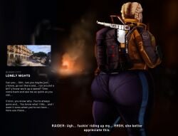 arc_raiders big_ass blonde_hair facing_away gameplay_mechanics ill_fitting_clothing jaguarart pawg pigtails raider_(arc_raiders) sweating tight_clothing track_pants underwear_visible_through_clothing