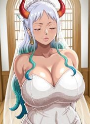 1girls ai_generated big_breasts closed_eyes curvy curvy_body curvy_female curvy_figure earrings gloves horn horns huge_breasts kyoru189 large_breasts light-skinned_female light_skin locks long_hair mature_female one_piece oni oni_female oni_horns ponytail seductive seductive_pose shiny shiny_skin solo solo_female standing wedding_dress white_hair yamato_(one_piece)