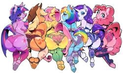 5girls 6+girls animal_ears anthro applejack_(mlp) ass ass_cutout ass_focus blonde_hair blue_eyes blue_eyeshadow blue_hair blue_skin bra breasts clothing clothing_cutout colored_skin cowboy_hat cutie_mark equid equine eyeshadow female fluttershy_(mlp) from_behind furrification furry furry_female garter_straps green_eyes hair hat heart_cutout hooves horn horns horse horse_ears horse_girl horse_tail huge_ass leg_warmers lingerie long_hair looking_at_viewer looking_back makeup mammal multicolored_hair multicolored_tail multiple_girls my_little_pony my_little_pony:_friendship_is_magic orange_skin panties pegasus personification pink_fur pink_hair pink_panties pink_skin pinkie_pie plump pony purple_hair purple_skin rainbow_dash_(mlp) rainbow_hair rarity_(mlp) shybred simple_background single_horn socks stirrup_legwear tail tail_through_clothes tattoo thick_thighs thighhighs toeless_legwear twilight_sparkle underwear unicorn white_background yellow_skin