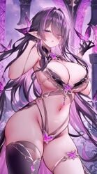 1girls bikini bikini_top black_hair blush breasts butterfly butterfly_hair_ornament detached_collar elf elf_ears elf_female elf_girl female female_only hair_ornament highres large_breasts long_hair micro_bikini multicolored_hair original pointy_ears purple_hair solo solo_female sora_72-iro straight_hair thighhighs