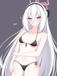 1girl bikini black_bikini black_hairband blue_archive blush commentary_request hair_between_eyes hairband halo highres kei_(blue_archive) kei_(student)_(blue_archive) long_hair long_hair_between_eyes looking_at_viewer open_mouth pink_eyes pink_halo rectangular_halo ringed_eyes simple_background swimsuit very_long_hair white_hair