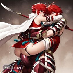 1girl ai_assisted ai_generated anal anal_penetration armor big_dick boots cape carrying detailed_body detailed_face dress fire_emblem garter_straps gloves highres hinoka_(fire_emblem) leg_lock naginata polearm red_eyes red_hair scarf short_dress short_hair solo spear thigh_boots thighhighs white_cape white_scarf zettai_ryouiki