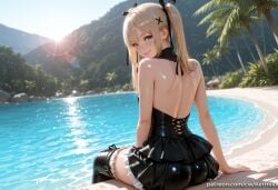 1girl ai_generated ass back bangs bare_shoulders beach black_ribbon black_thighhighs blonde_hair blue_eyes blush closed_mouth day dead_or_alive frilled_swimsuit frills from_behind hair_ornament hair_ribbon kermixx lens_flare lips long_hair looking_at_viewer looking_back marie_rose one-piece_swimsuit outdoors palm_tree ribbon shiny shiny_clothes sitting smile solo sun swimsuit thighhighs tree twintails water web_address wet x_hair_ornament