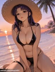 1girl ai_generated arlequin097 bare_shoulders barefoot beach bikini black_bikini breasts brown_eyes brown_headwear cleavage cloud collarbone earrings evangelion evening gradient_sky halterneck hat hoop_earrings jewelry katsuragi_misato large_breasts lips long_hair looking_at_viewer misato_katsuragi navel neon_genesis_evangelion o-ring o-ring_bikini o-ring_thigh_strap ocean orange_sky outdoors palm_tree parted_bangs parted_lips purple_hair sand shore sitting skindentation sky solo stomach straw_hat string_bikini sun sun_hat sunset swimsuit thigh_strap thighs tree twilight wariza water