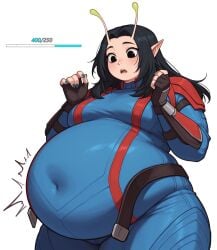 ai_assisted armor ben03020 bodysuit fat health_bar huge_belly mantis_(marvel_rivals) marvel_rivals medium_breasts obese obese_female round_belly stuffed_belly surprised tagme undersized_clothes