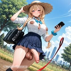 1girl ai_assisted ai_generated anime_coloring blonde_hair blue_archive blue_eyes braided_pigtails chode cute_face dark_areolas detailed_penis dynamic_angle excessive_foreskin facing_viewer flaccid_penis freckles futa futanari inverted_nipples light_brown_eyes limp_penis long_hair naked nude phimosis school_uniform seductive_pose small_penis solo solo_futa straw_hat teenager