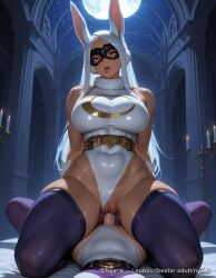 1boy 1girl abs ai_generated animal_ears arms_behind_back artist_name bangs bare_shoulders breasts candle clitoris clothed_sex clothing_aside covered_abs covered_navel cowgirl_position crescent_print dark-skinned_female dark_skin explicit full_moon fur_collar girl_on_top hetero highleg highleg_leotard indoors interracial large_breasts leotard leotard_aside lips long_hair looking_at_viewer lying mask mirko moon moonlight muscular muscular_female night night_sky nyx_x on_back open_mouth parted_bangs penis pov pussy rabbit_ears rabbit_girl red_eyes sex skin_tight sky sleeveless sleeveless_turtleneck sleeveless_turtleneck_leotard solo_focus spread_legs star_(sky) straddling superhero teeth thick_thighs thighhighs thighs toned tongue tongue_out turtleneck turtleneck_leotard uncensored upper_teeth_only vaginal white_hair white_leotard