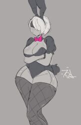 android android_girl artist_signature bandage_on_face bb_happyhour boobs bowtie breasts bunny_ears bunny_tail fishnet_stockings fishnets leotard neckline nier nier:_automata nier_(series) playboy_bunny robot robot_girl simple_shading stockings white_hair yorha_2b