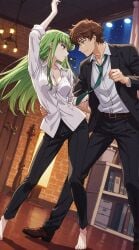 1boy 1girls ai_generated ass_view beach big_butt c.c. code_geass echoanomaly green_eyes green_hair kururugi_suzaku looking_away standing suzaku_kururugi water yellow_eyes