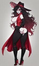 ai ai_female ai_generated ass butt hat hazbin_hotel hellaverse multicolored_hair pixai pussy rear_view red_eyes roo_(hazbin_hotel)